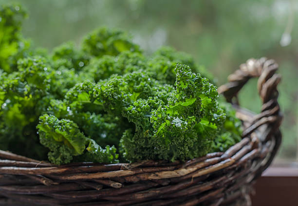 istock Kale in rustic basket on daylight  close Up 628363360