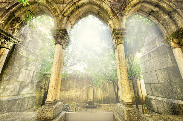 istock Ancient gothic arches in the myst. Fantasy landscape. 628363776