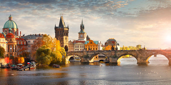 Panoramic view of Vltava river and Charles bridge in Prague, capital of the Czech republic