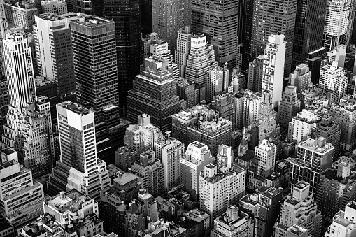 New York City Manhattan aerial view black and white with skyscrapers and street