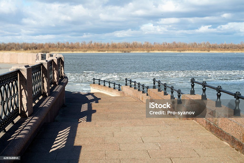 The descent to the water on  embankment of Volga River The descent to the water on the embankment of the Volga River. Architectural Feature Stock Photo