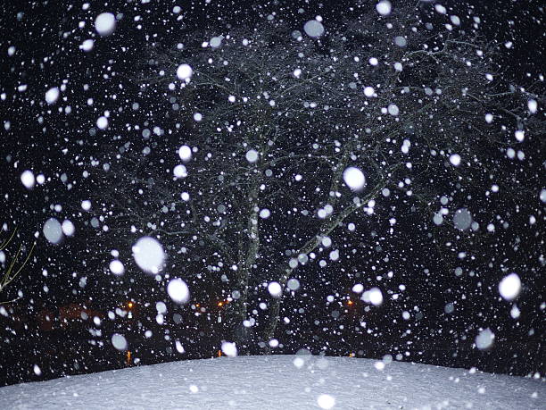 Snowfall at night street with blurred snowflakes