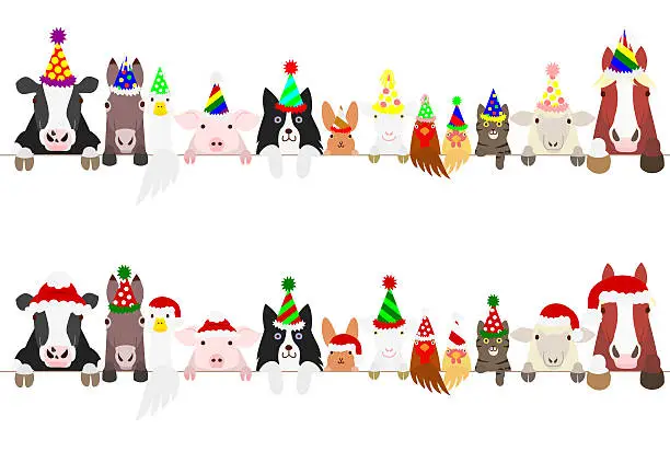 Vector illustration of party farm animals border set