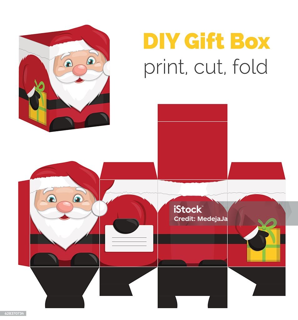 Christmas DIY santa shaped gift box Lovely DIY handmade Christmas Santa Claus shaped gift box for small presents, unfolded box dieline. Print it on thick paper, cut out, fold according to the lines. Christmas stock vector