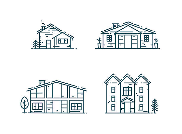 набор значков линейных домов. - construction apartment house in a row stock illustrations