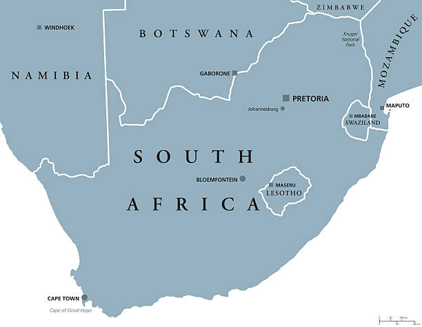 South Africa political map South Africa political map with the capitals Pretoria, Bloemfontein and Cape Town. With national borders and neighbor countries. Gray illustration with English labeling on white background. Vector. cape peninsula stock illustrations