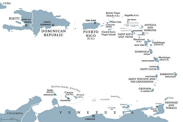 Lesser Antilles political map Lesser Antilles political map. Caribbees with Haiti, Dominican Republic and Puerto Rico in the Caribbean Sea. Gray illustration with English labeling on white background. Vector.Illustration. Vector. caribbean islands stock illustrations