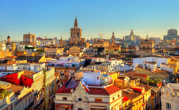 aerial view of the old town in valencia from serranos - birds eye chilli imagens e fotografias de stock