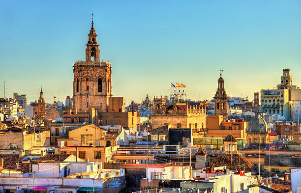 aerial view of the old town in valencia from serranos - birds eye chilli imagens e fotografias de stock