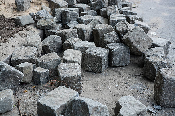 Pile of cobblestone in the street stock photo