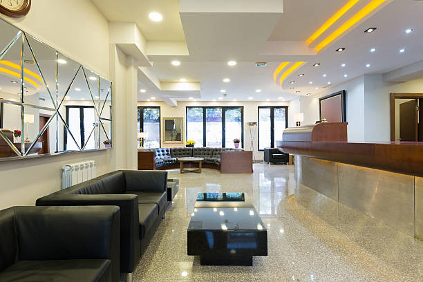 istock Reception area with reception desk in modern hotel 628398586