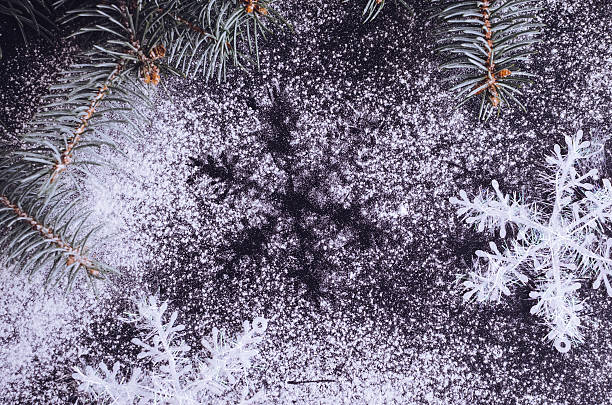 istock Christmas fir tree and snowflakes on chalkboard background 628400716