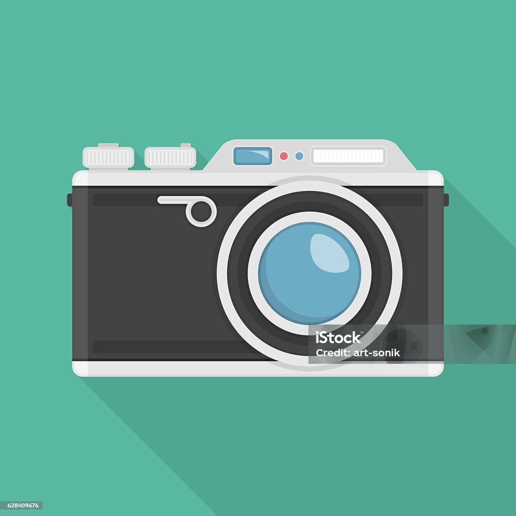 Vector retro camera. Retro camera or vintage camera in a flat design. Vector illustration of Old style photo camera isolated on green background. Flat photo camera shutter creative optical classic cam. Camera - Photographic Equipment stock vector