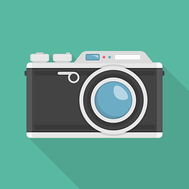 Vector retro camera. Retro camera or vintage camera in a flat design. Vector illustration of Old style photo camera isolated on green background. Flat photo camera shutter creative optical classic cam. vintage camera stock illustrations