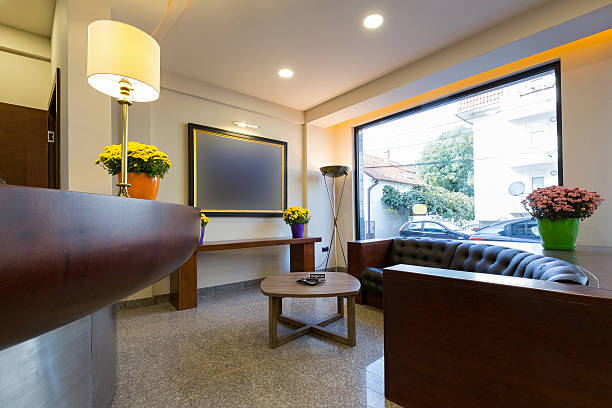 istock Interior of a hotel lobby cafe 628410032