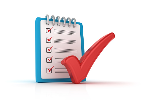 Red Check Mark with CheckList Clipboard - White Background - 3D Rendering