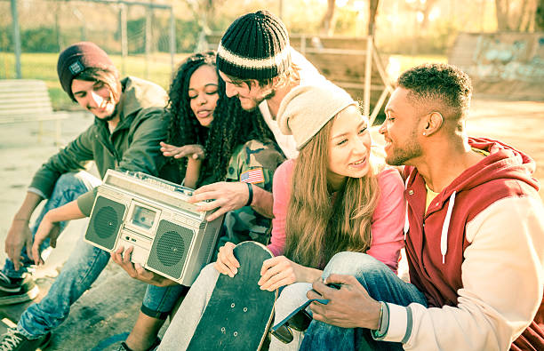 istock Urban friends group having fun time at skate park 628419148