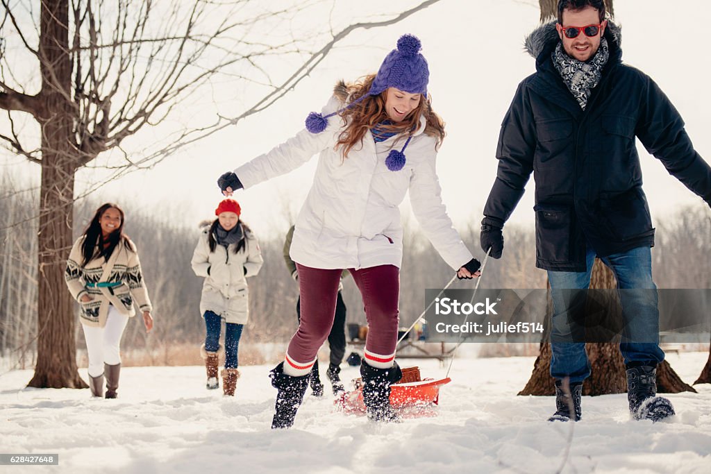 Grupo de amigos disfrutando tirando de un trineo en la nieve - Foto de stock de Actividad libre de derechos