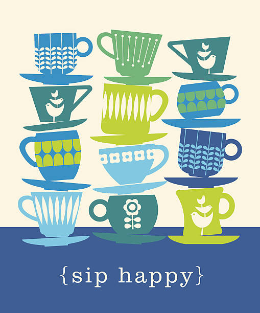 ilustrações, clipart, desenhos animados e ícones de ilustração retrô colorida de pilhas de xícaras de chá. gole feliz. - tea party illustrations