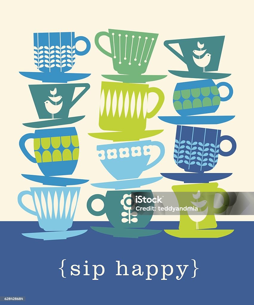 colorful retro illustration of stacks of tea cups. sip happy. colorful retro illustration with stacks of tea cups for posters, invitations, greeting cards, coffee and tea lovers. Tea Party stock vector