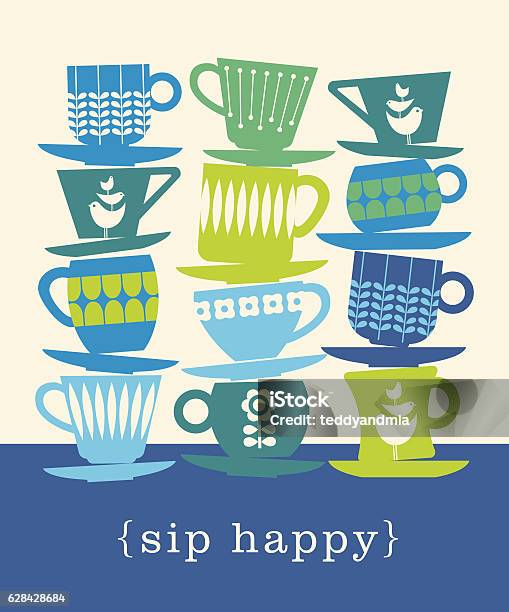 Colorful Retro Illustration Of Stacks Of Tea Cups Sip Happy Stock Illustration - Download Image Now