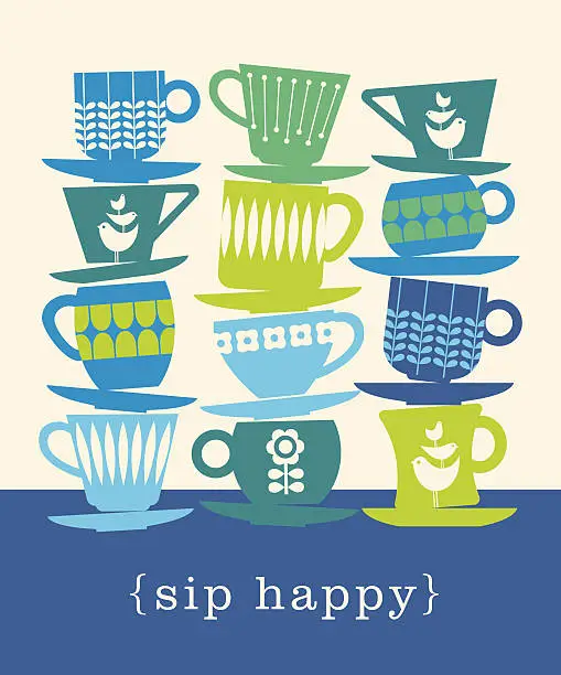 Vector illustration of colorful retro illustration of stacks of tea cups. sip happy.