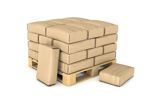 Rendering of large paper bags rest on pallet 3d rendering of large paper bags rest on a pallet isolated on the white background. Building industry. Building materials. Transportation of materials. cement bag stock pictures, royalty-free photos & images