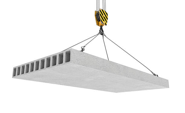 istock Rendering of concrete slab hanging on hook with four ropes 628429148