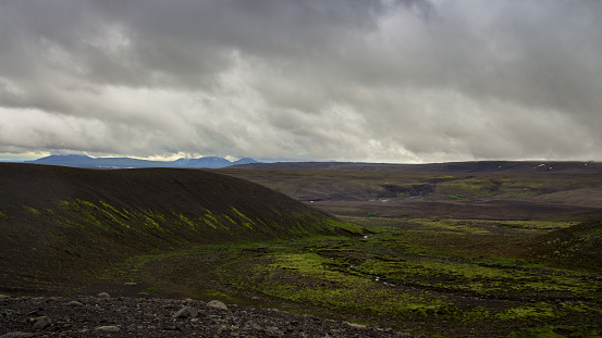 Harsh and barren volcanic landscape in the the central Icelandic Highlands. Still taken from time lapse video #545963496.