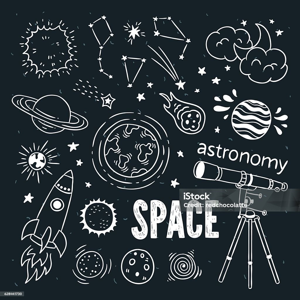 Astronomy Objects Vector Set Hand Drawn Telescope Science Planets Space ...