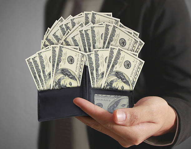 istock hand holds  purse and money from open wallet 628452544