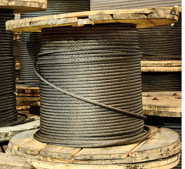 istock Large cable reels stocked in the factory premises. 628452580
