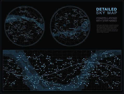 High detailed sky maps vector set with star and constellation names