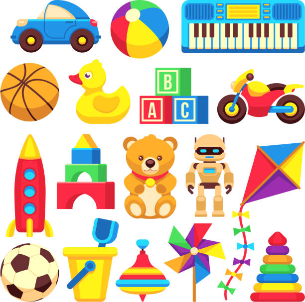 cartoon dzieci zabawki wektor ikony izolowane na białym - childs toy stock illustrations