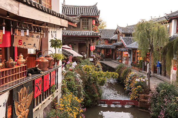 view of one of the canals in lijiang old town - província de yunnan imagens e fotografias de stock