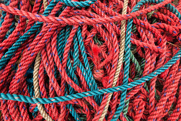 istock Multi-colored ropes used for fishing cages 628470194