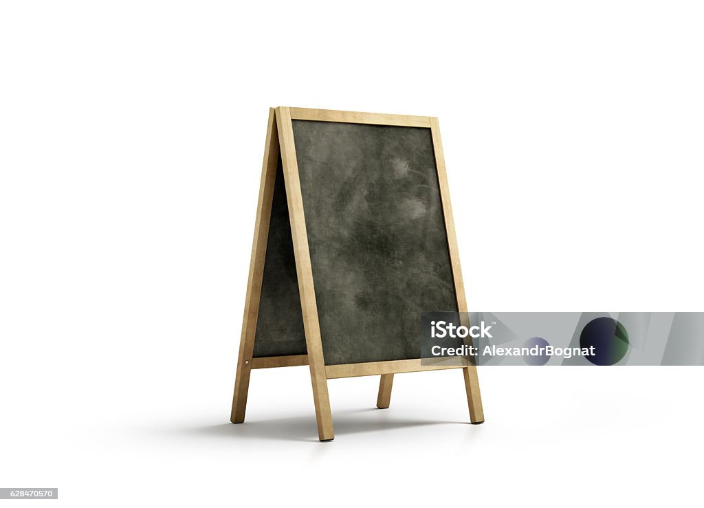 Blank chalk board street stand mockup, isolated Blank chalk board street stand mockup, isolated, 3d rendering. Clear outdoor signage with blackboard mock up. A-board with wooden frame template. Cafe or restaurant welcome easel. Pavement menu rack Chalkboard - Visual Aid Stock Photo