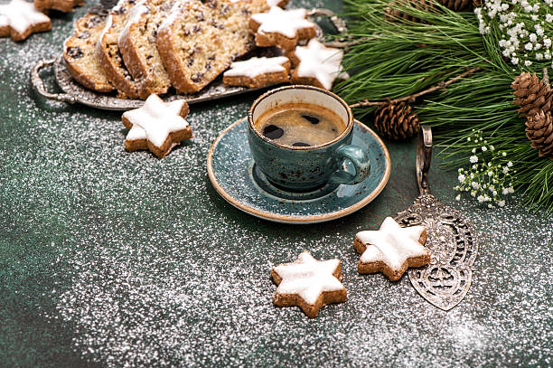 Coffee traditional Christmas cake Stohlen cookies Holidays food stock photo