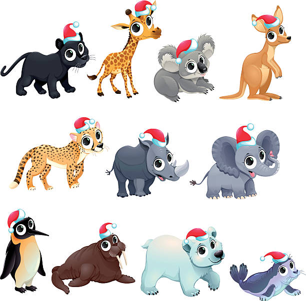 ilustraciones, imágenes clip art, dibujos animados e iconos de stock de divertidos animales navideños - kangaroo animal humor fun