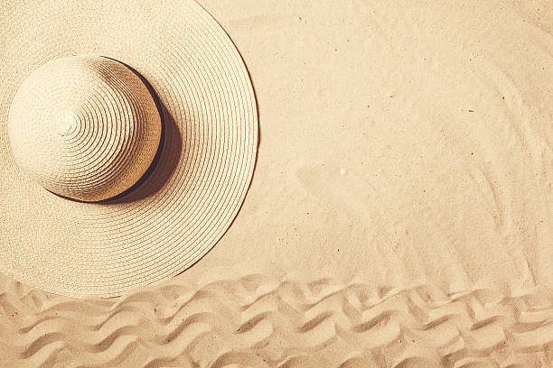istock Summer hat put on the tropical sand beach 628471124
