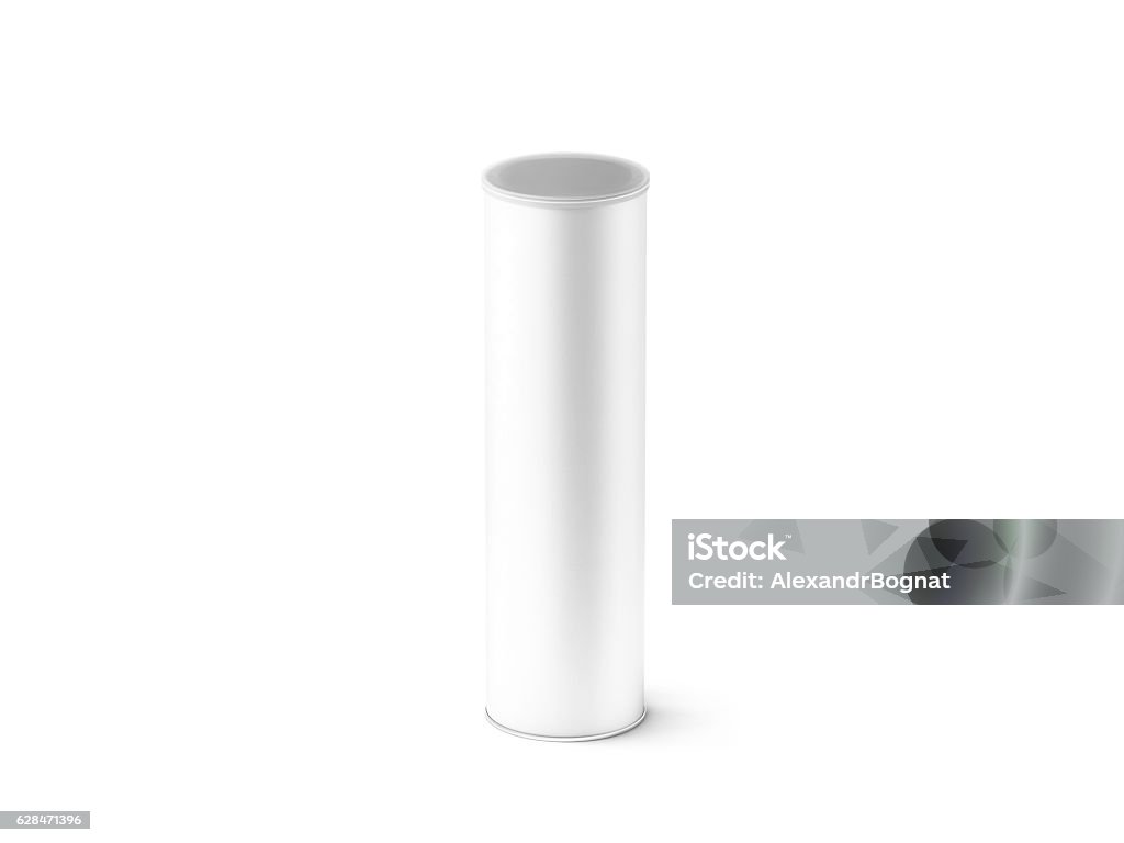 Blank white carton cylinder box mockup, isolated Blank white carton cylinder box mockup, isolated, 3d rendering. Clear cylindrical tube container transparent plastic lid mock up. Chips and crisp cardboard packaging template. Paper tin round canister Cylinder Stock Photo