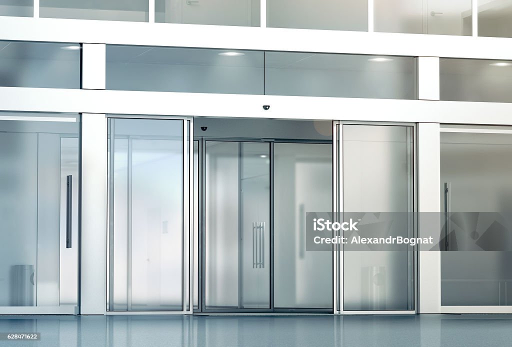 Mockup de entrada de portas de vidro deslizantes em branco - Foto de stock de Porta royalty-free