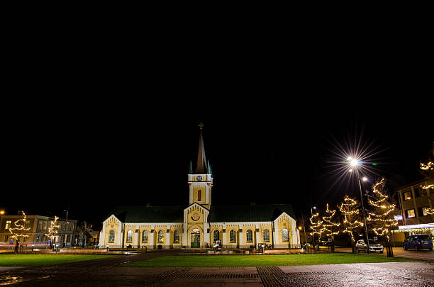 Borgholm, Sweden - December 7, 2016: Christmas illumination by the Square and the Church in the city Borgholm at the island Oland in Sweden