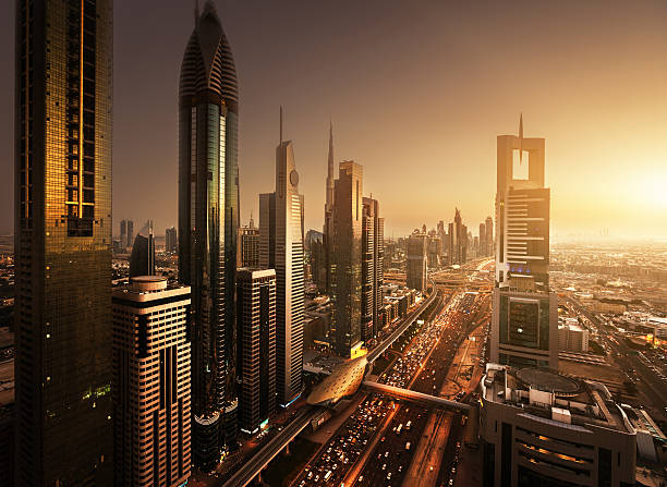 Dubai skyline in sunset time, United Arab Emirates