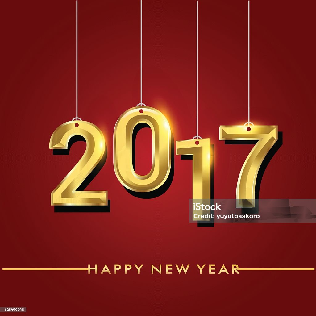 Happy New Year 2017 Happy New Year 2017 isolated on red background, text design hanging gold colored, vector elements for calendar and greeting card 2017 stock vector