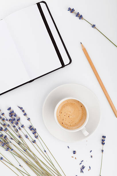 istock Woman working desk. Cozy breakfast. Mockup. Flat lay style. 628490608