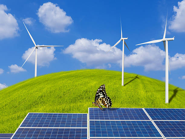 istock solar panels and butterfly with wind turbines on grass hill 628498710
