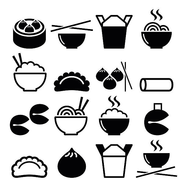 ilustrações, clipart, desenhos animados e ícones de comida chinesa - macarrão, arroz, rolinhos de primavera, bolinhos - palito de aperitivos