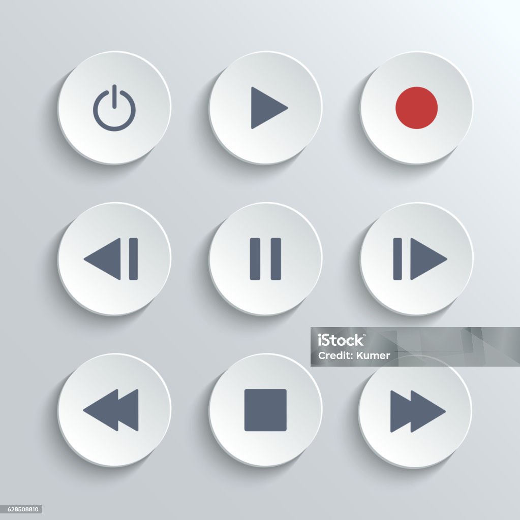 Media player control round button ui icon set Media player control ui icon set- vector white round buttons Resting stock vector