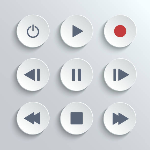 Media player control round button ui icon set Media player control ui icon set- vector white round buttons time out stock illustrations